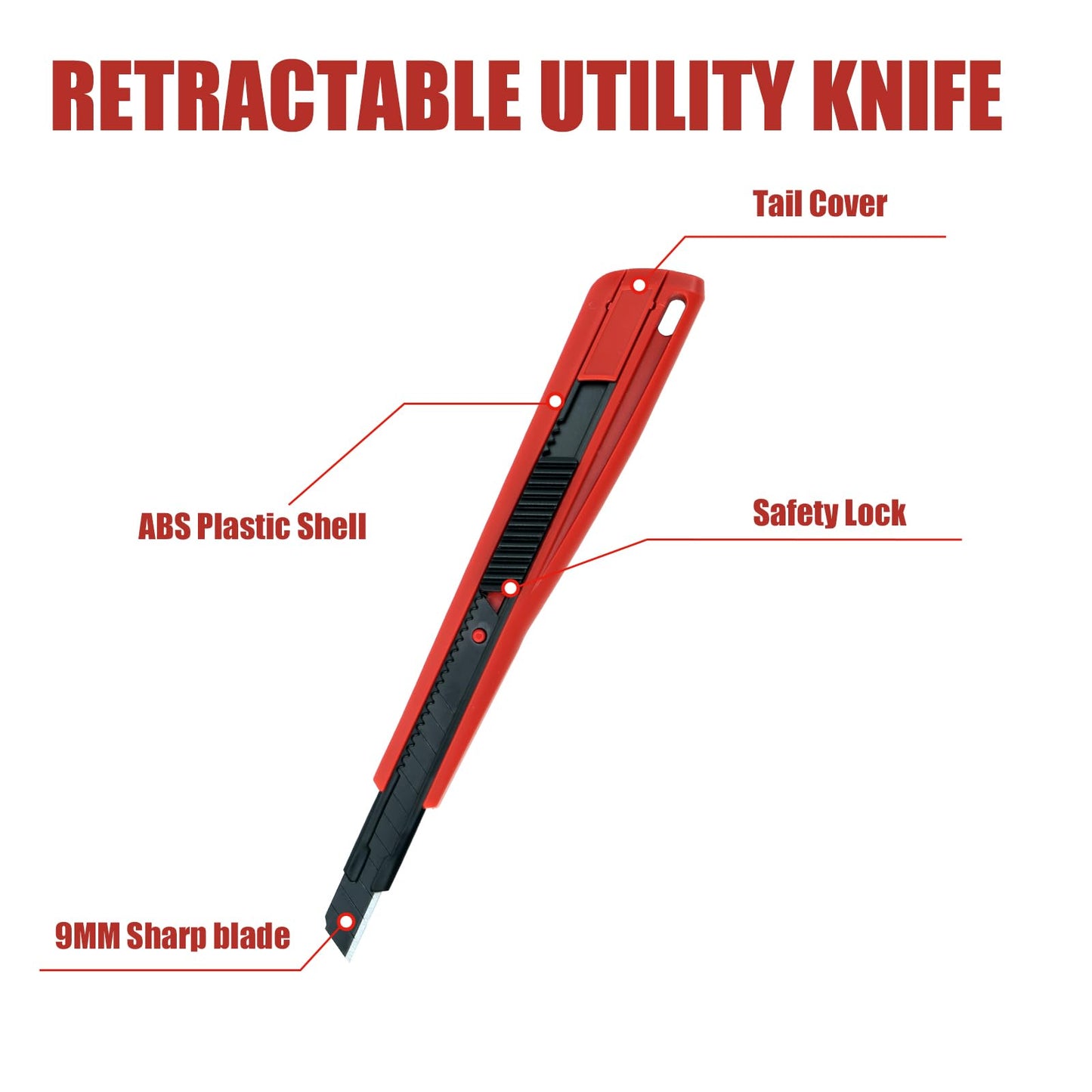Metal Box Cutter Body, with Safety Lock (Red All Black)