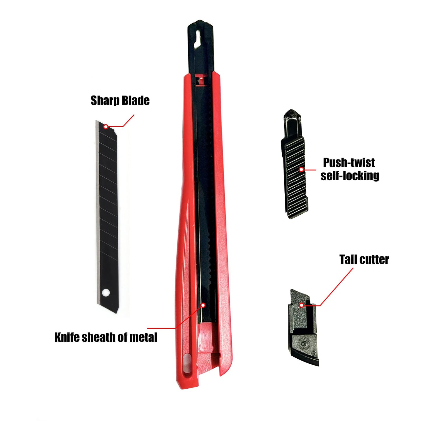 Metal Box Cutter Body, with Safety Lock (Red All Black)