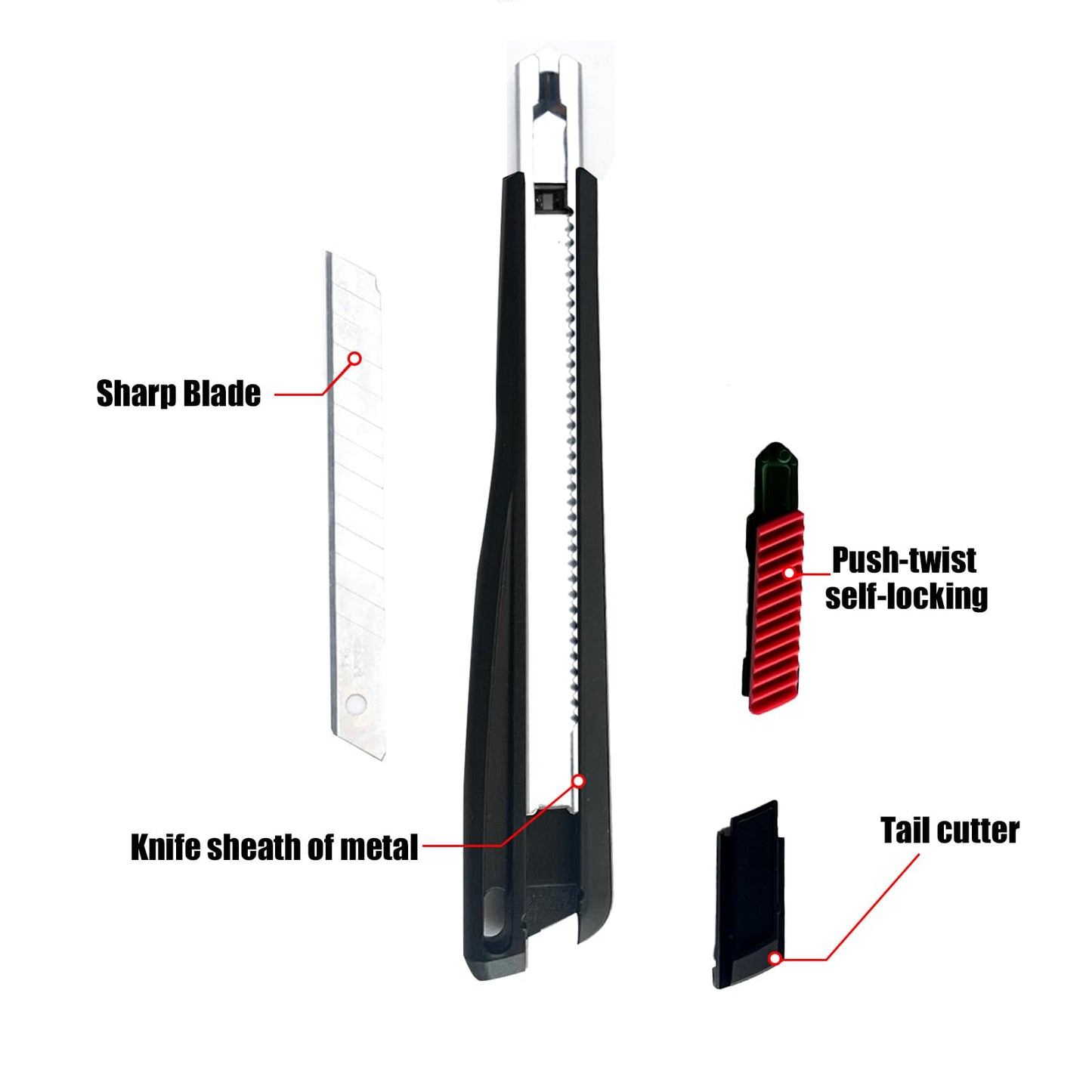 Metal Box Cutter Body, with Safety Lock (Black Red)