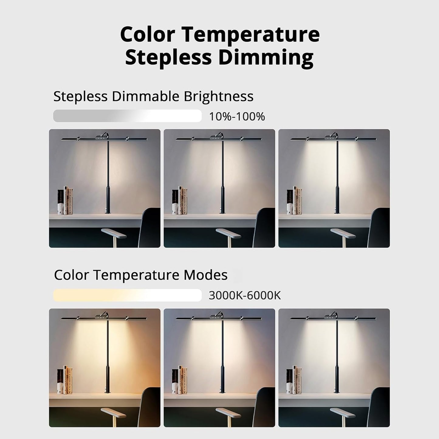LED Desk Lamp with Clamp, 24W Architect Light, Auto-Dimming, Stepless Brightness Control, Atmosphere Lighting for Home Office
