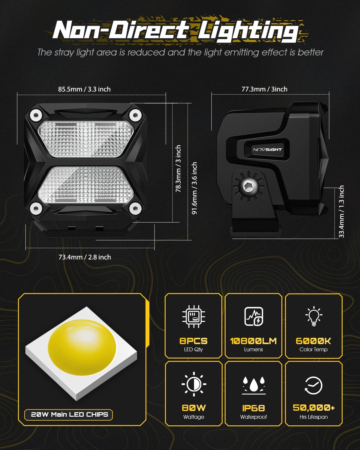 NOVSIGHT 3 Inch LED Pod Lights - 80W 10800LM LED Off Road Lights LED Pods Light Flood Light - IP68 Waterproof LED Cube Lights Work Lights for Truck Jeep Boat Motorcycle SUV ATV UTV, 2 Pcs