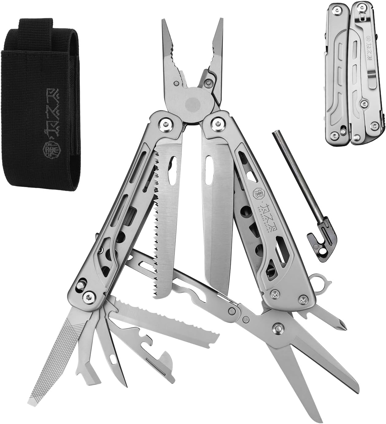 WETACTICS Multitool, light seeking 20in1,men's EDC with pocket knife, pointed nose pliers, ignition stick, folding scissors and wire stripping tool, outdoor knife gift,camping gear, stainless steel