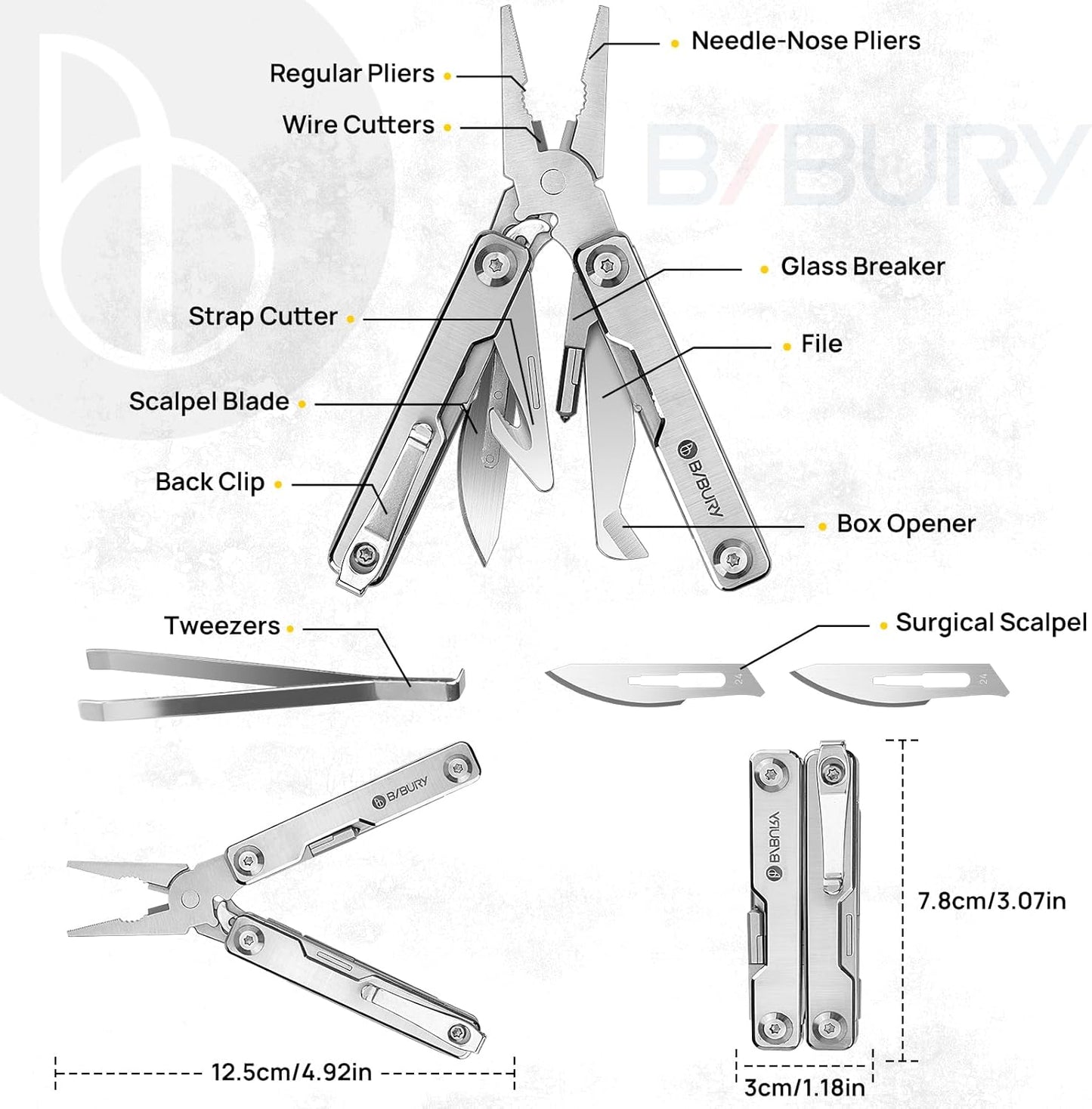 BIBURY Outdoor Mini Multitool Pliers BI2051A, Mini Pocket Pliers with Window Breaker, Seat Belt Cutter, Bottle Opener for Outdoor Survival, EDC Multi Tool with Pocket Clip, Gifts for Men & Women