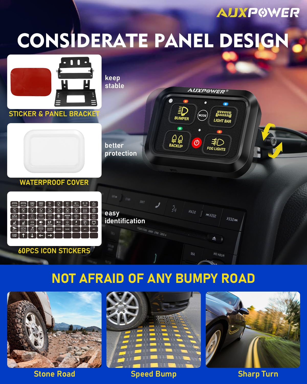 Auxpower RGB 4 Gang Switch Panel A24 Auxiliary Switch Panel with Relays Box 3 Lighting Modes Auto Dimmable Backlit Switch Panel 12V Waterproof Off Road Control Panel for Truck Marine UTV Car