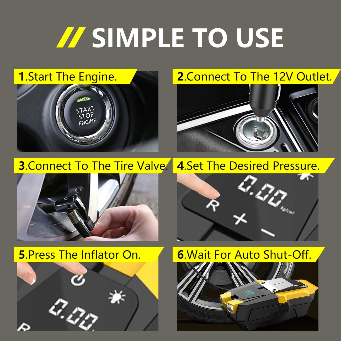 Tire Inflator Portable Air Compressor 150 PSI, 12V Electric Air Pump for Car Tires, Auto Bike Tire Pump with Digital Pressure Gauge Emergency LED Light Automatic Shut Off for Car Bicycle Balloons