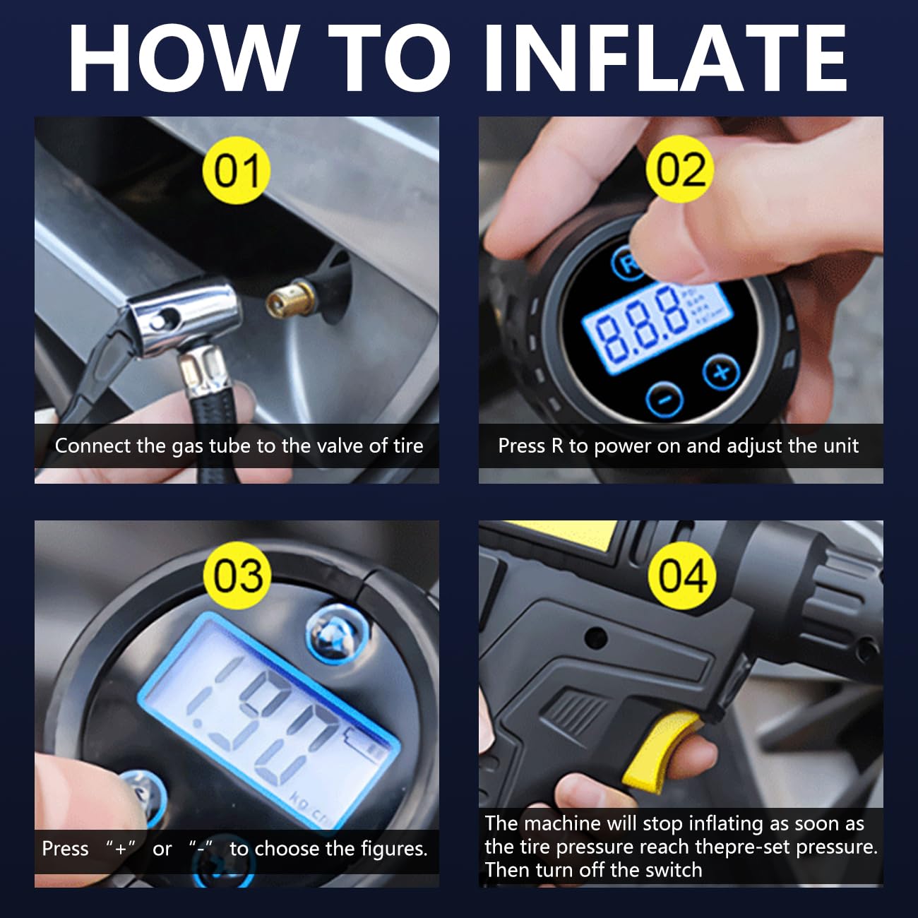 LONLEEYU Tire Inflator,120W Portable Air Compressor Pump for Car Tires with Tire Pressure Detection Preset and Auto Shutoff, 12V Up to 150 PSI Tire Pump with Digital Pressure Gauge and LED Light