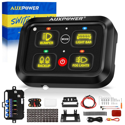 Auxpower RGB 4 Gang Switch Panel A24 Auxiliary Switch Panel with Relays Box 3 Lighting Modes Auto Dimmable Backlit Switch Panel 12V Waterproof Off Road Control Panel for Truck Marine UTV Car