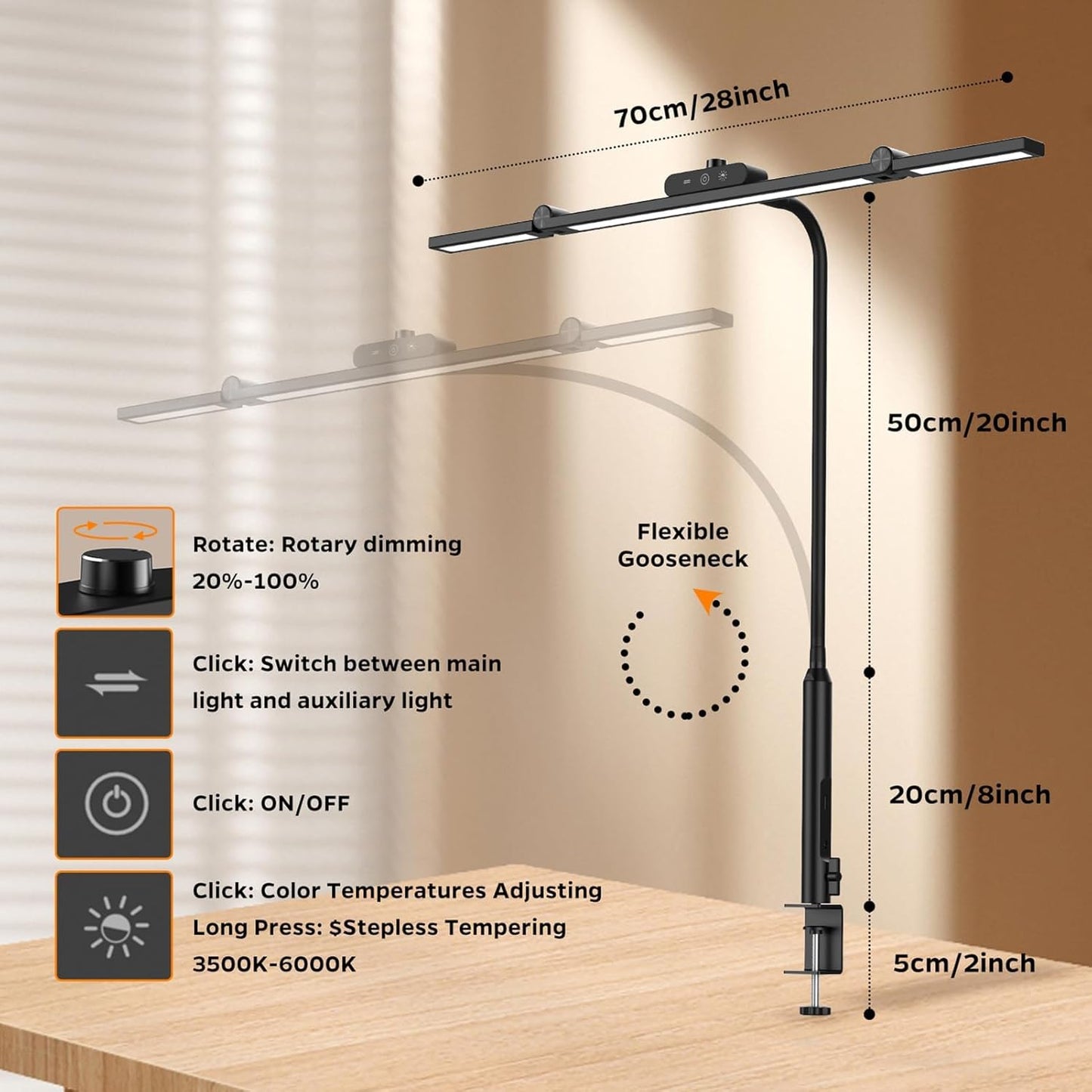 LED Desk Lamp with Clamp, 24W Architect Light, Auto-Dimming, Stepless Brightness Control, Atmosphere Lighting for Home Office