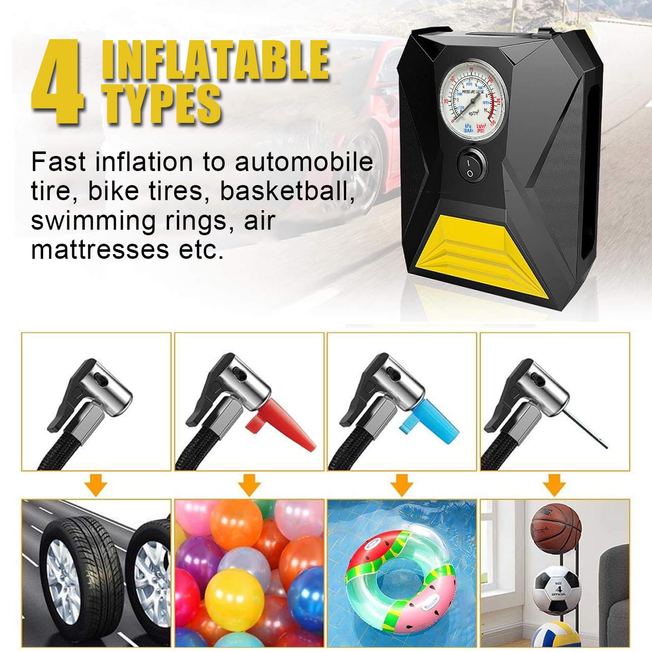 LONLEEYU Tire Inflator Air Compressor, 12V DC Portable Air Pump with Pointer Pressure Gauge and Emergency LED Light for Car Tires, Up to 150PSI for Bicycle Balloons