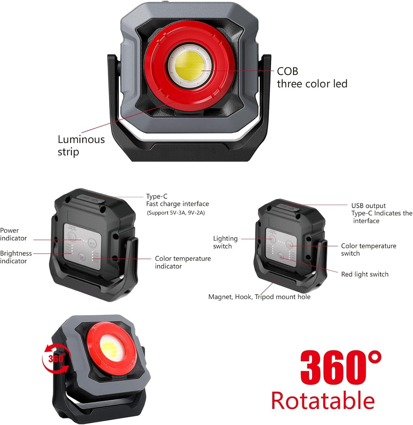 KS23-020 360° Rotating LED Flood Work Light, 18 Modes Rechargeable Portable Job Site Lighting