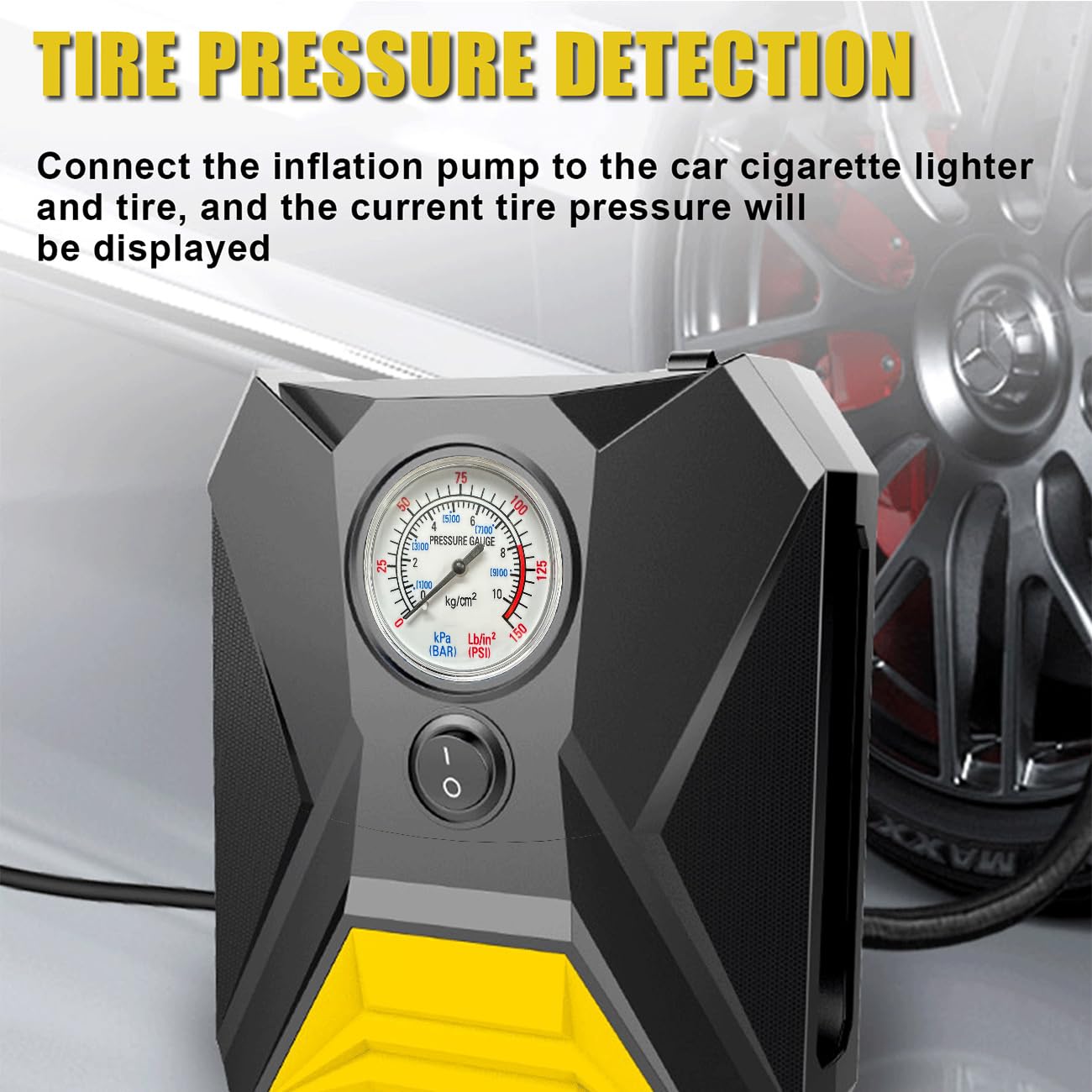 LONLEEYU Tire Inflator Air Compressor, 12V DC Portable Air Pump with Pointer Pressure Gauge and Emergency LED Light for Car Tires, Up to 150PSI for Bicycle Balloons