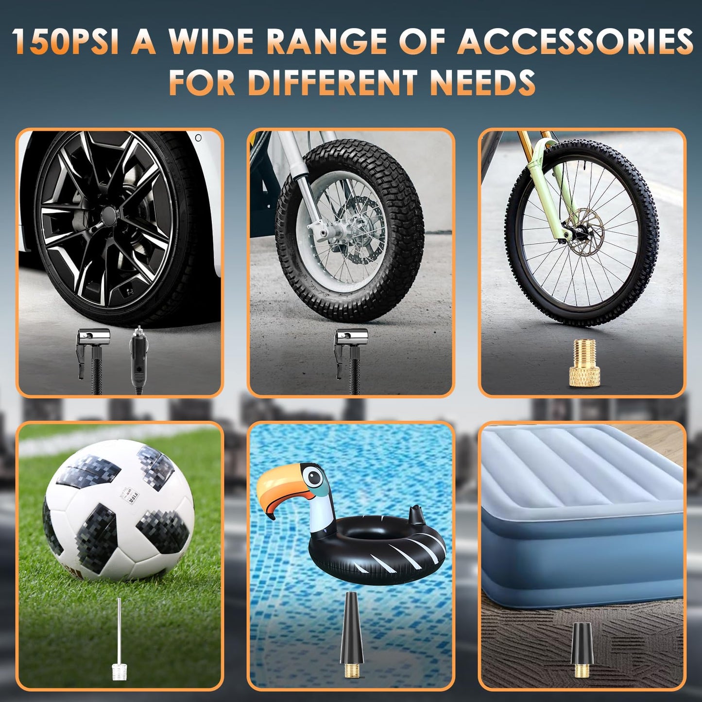 Tire Inflator Portable Air Compressor 150 PSI, Universal Electric Air Pump for Car Tires, Auto Bike Tire Pump with Digital Pressure Gauge Emergency LED Light Automatic Shut Off for Car Bicycle