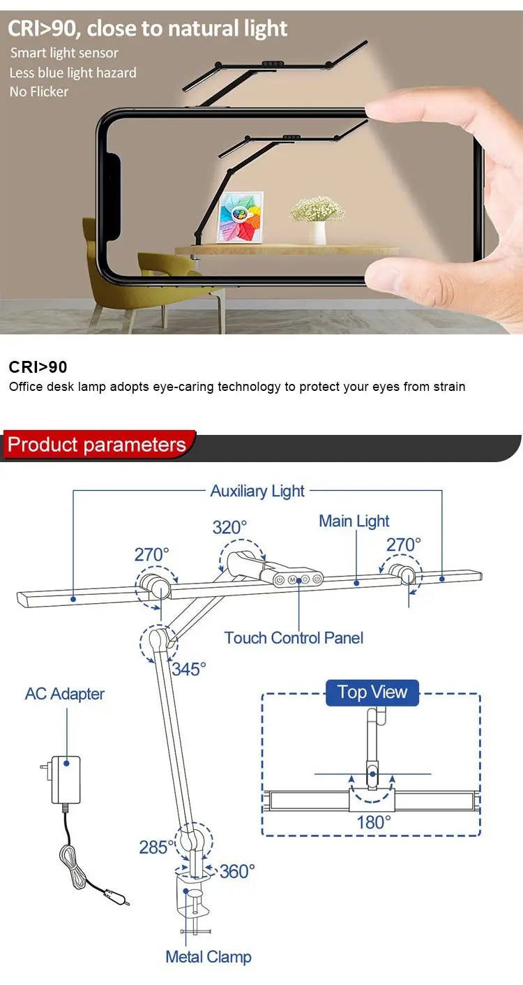 Modern Table Lamp Desk Lights Office Desk Lamp with Clamps Table Lamp Touch Sensor