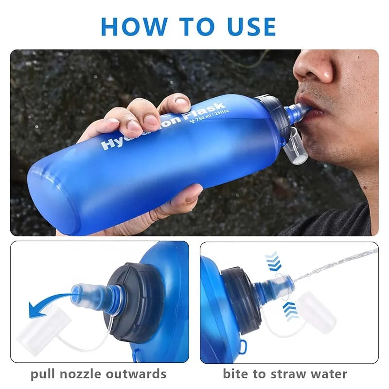 Hiking Camping Outdoor Collapsible Foldable Squeezable Pouch Hydration Flask Touch Soft Water Bottle With Water Filter Straw