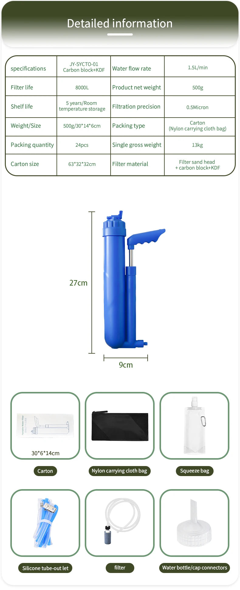 Filterwell Camping Travel Personal Water Filter Emergency Activated Carbon Block Portable Outdoor Hand Pump Water Filter
