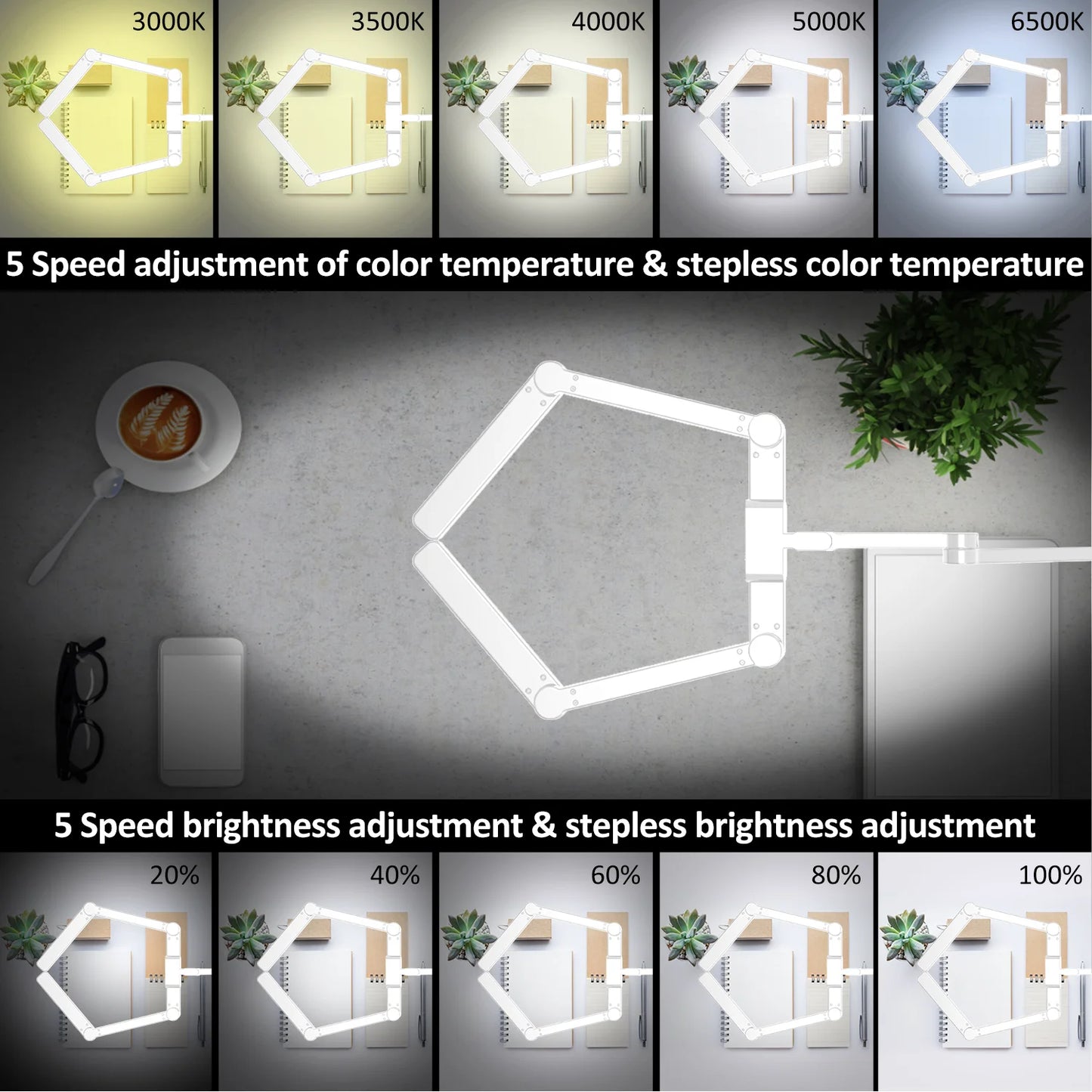 LED Desk Lamp with Clamp, Wireless Remote Control Dimming Stepless Architect Desk Lamps for Home Office, Bedside Lamp Cute