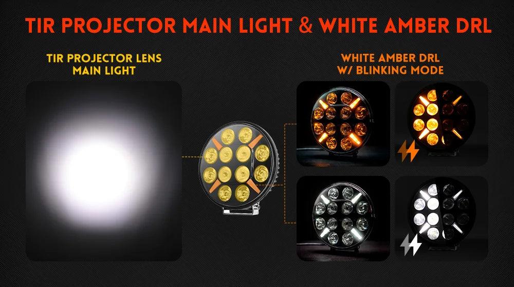 12v 24v Drl White Amber Strobe Offroad LED Truck Driving Light 9 Inch Combo Beam Flash Waterproof on Front for Heavy Duty Pickup