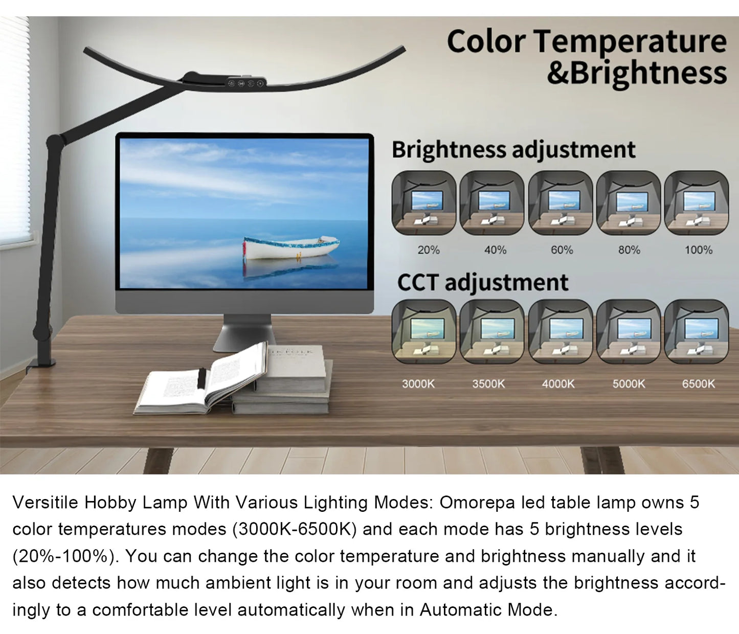 Architect Desk Lamp with Curved Light Bars, 33 Inches Long Wide Bright LED Desk Lamp with Clamp Office Light Modern