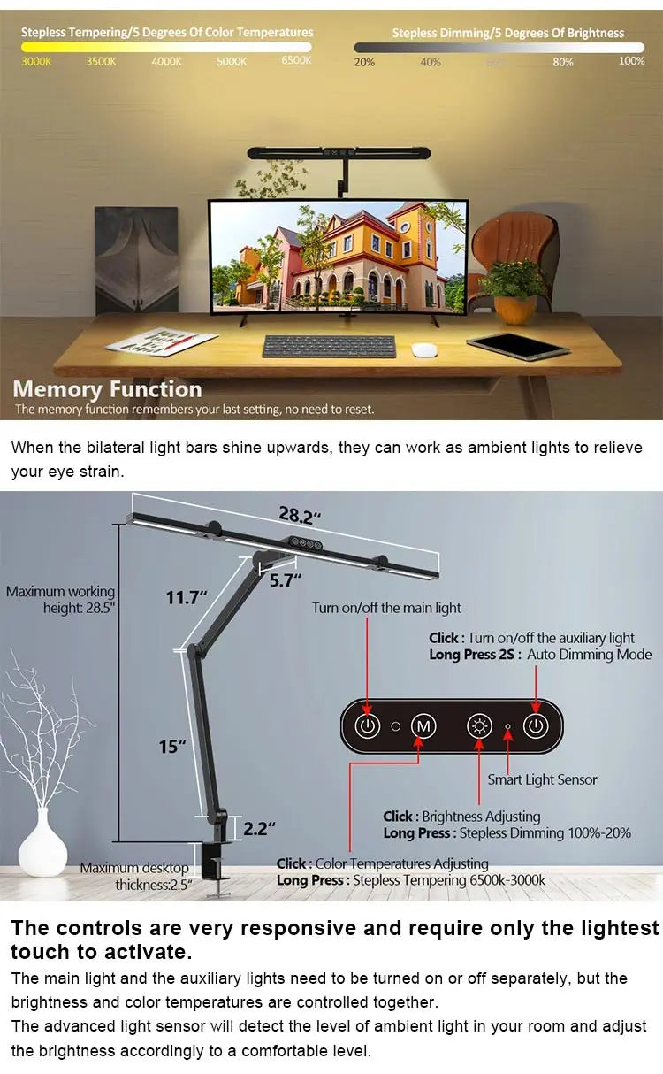 Modern Table Lamp Desk Lights Office Desk Lamp with Clamps Table Lamp Touch Sensor