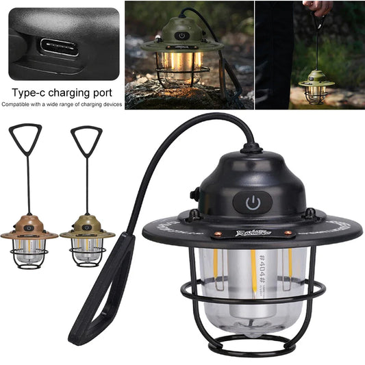 LED Camping Lantern Dimming Emergency Lamp Type C Charging Retro Camping Light 4 Light Modes IPX4 Waterproof for Fishing Camping