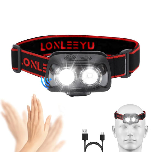 LONLEEYU Rechargeable Headlights, LED Headlight Flashlight with Motion Sensor, Adjustable Headband IPX4 Waterproof, 6 Lighting Modes Suitable for Outdoor, Running, Camping and Night Fishing