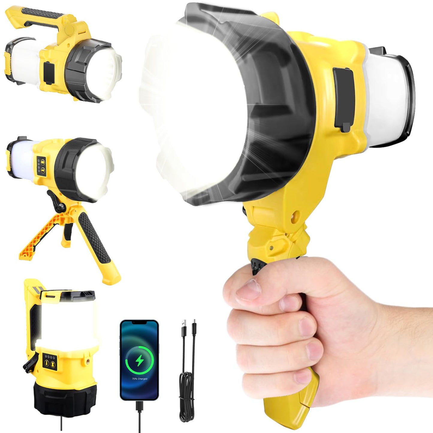 3-in-1 Rechargeable Spotlight with Adjustable Handle, IP65 Waterproof Handheld LED Flashlight Searchlight Work Light, 4400mAh Power Bank, 6 Light Modes for Emergency Hurricane Outdoor Hiking Camping