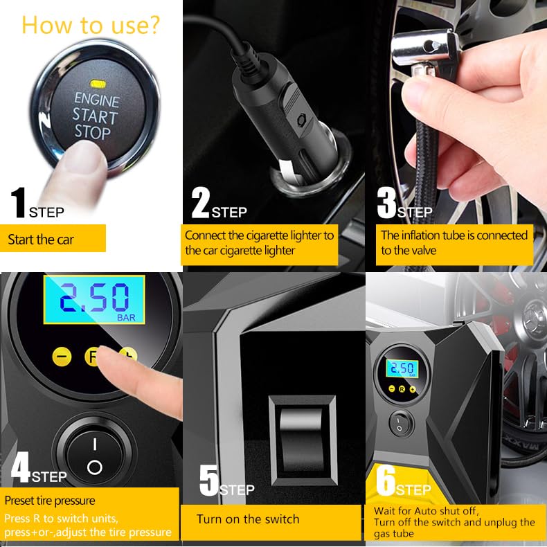 LONLEEYU Tire Inflator Air Pump, Portable Air Compressor for Car Tires, 12V DC 150 PSI Tire Pump with LED Light Digital Pressure Gauge for Car Bike