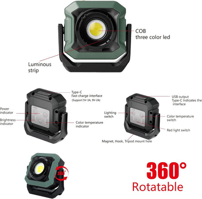 KS23-020 360° Rotating LED Flood Work Light, 18 Modes Rechargeable Portable Job Site Lighting