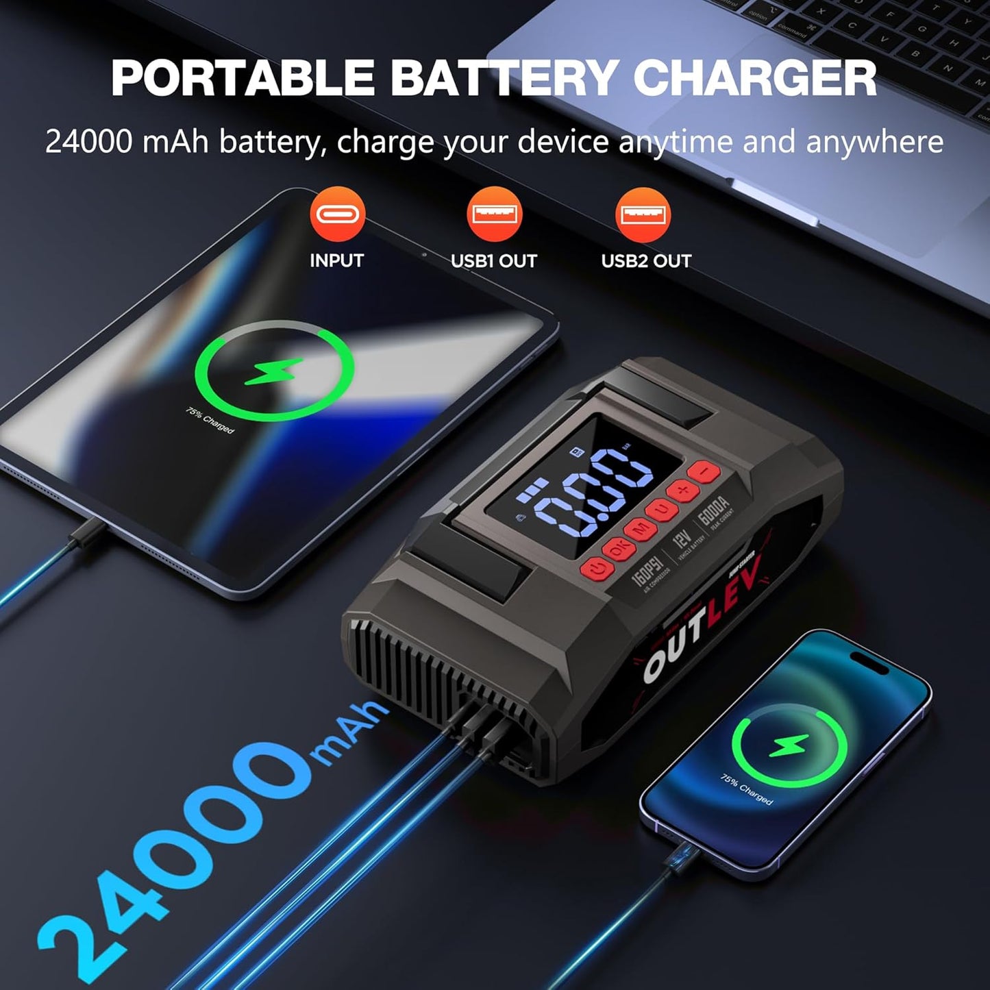 Car Battery Jump Starter with Air Compressor for All Gas & 10.0L Diesel Engines