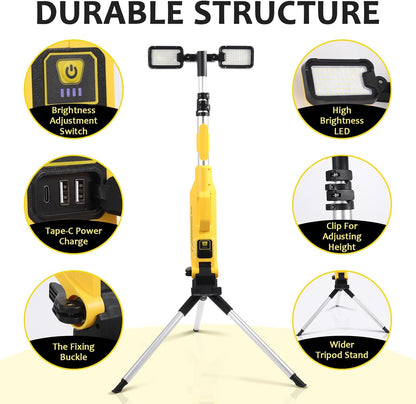 Cordless Portable LED Work Light with Stand, IP44 Waterproof Dual Head Floodlight
