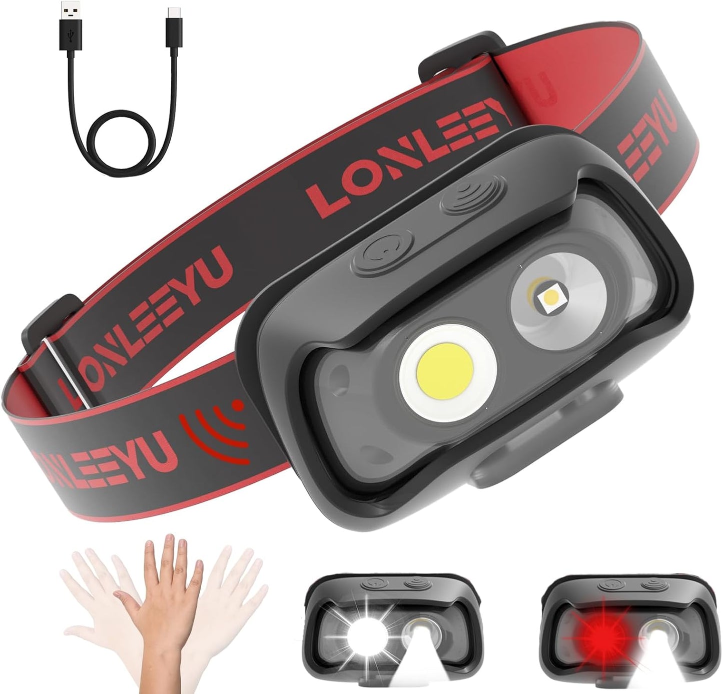 KS-D128 Modes Waterproof LED Headlight, USB-C Rechargeable Motion Sensor Head Lamp