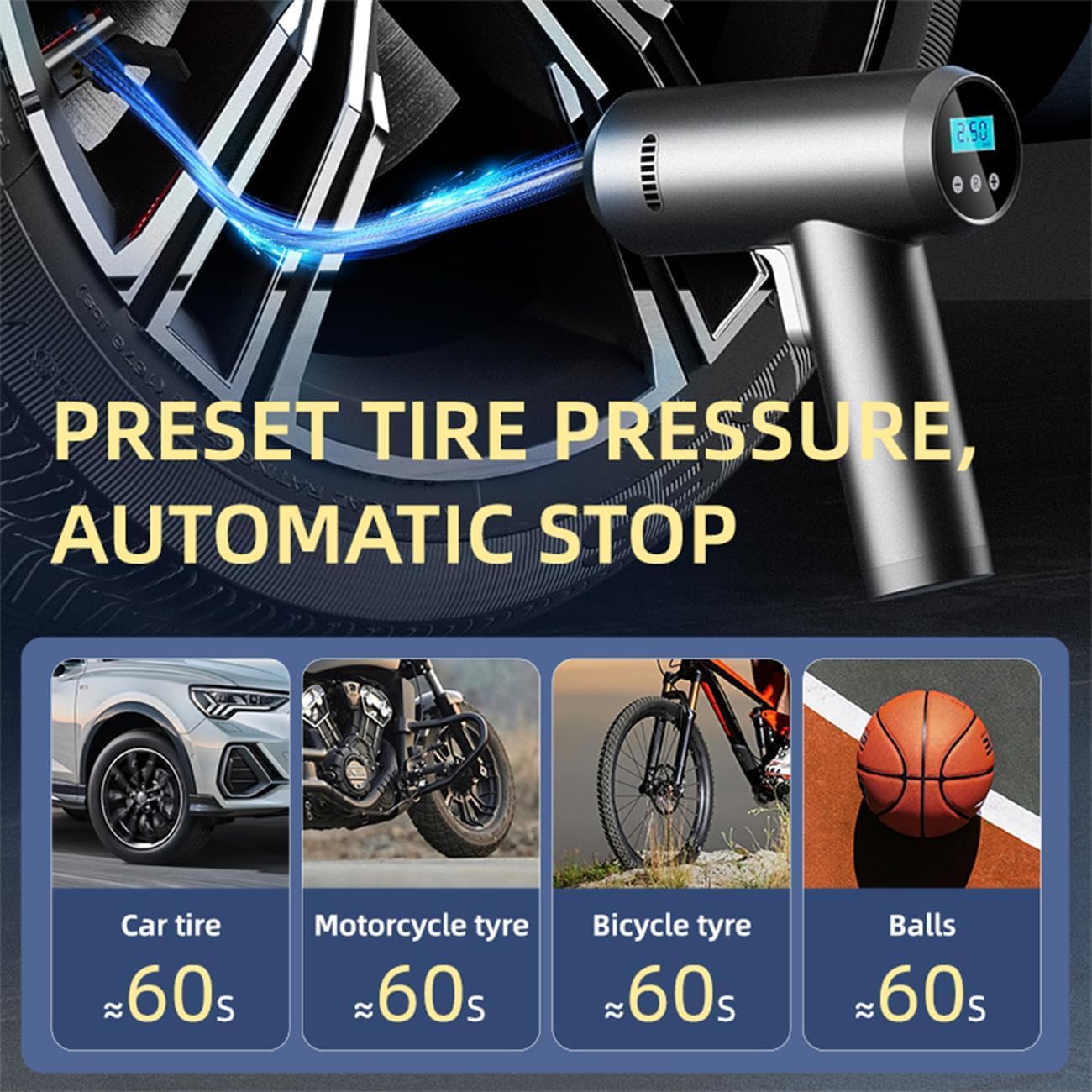 Rechargeable Air Pump, Smart Digital Tire Inflator with Auto Shutoff
