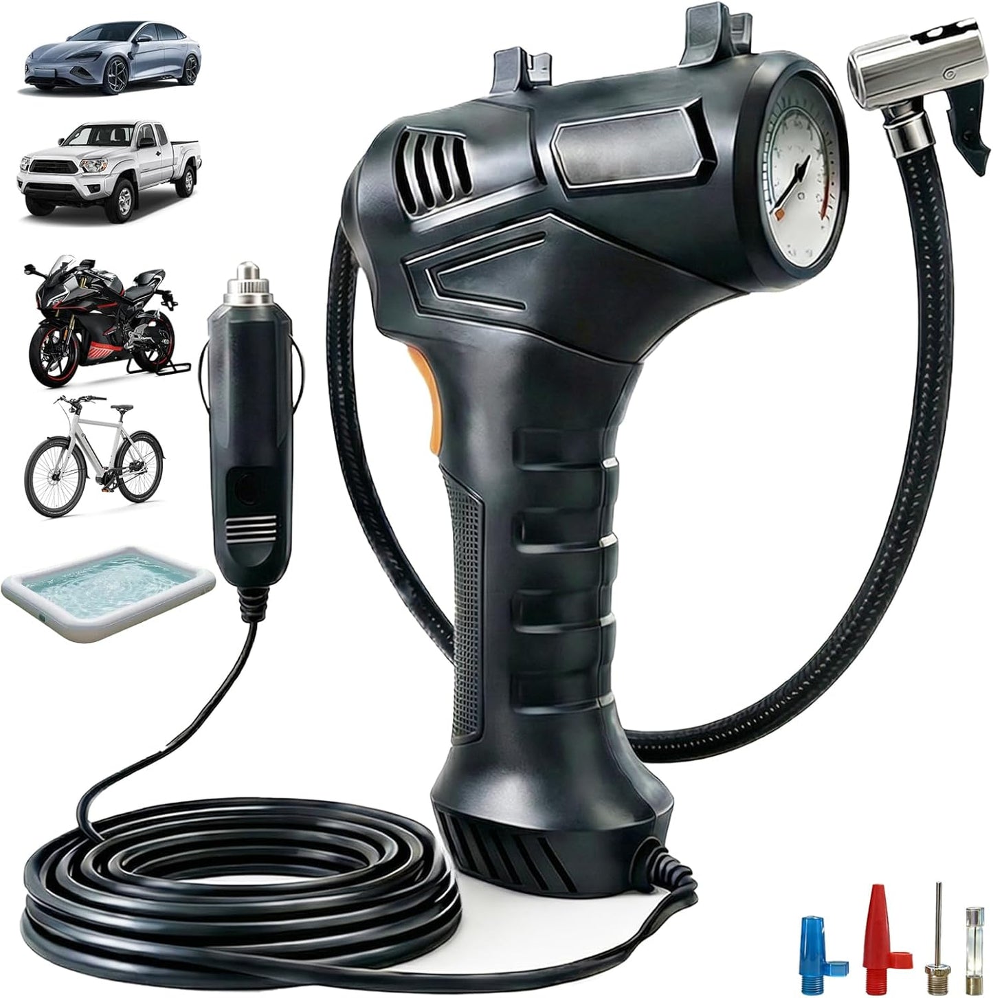 150 PSI Handheld Air Pump, Portable 12V Car Analog Tire Inflator with LED Light