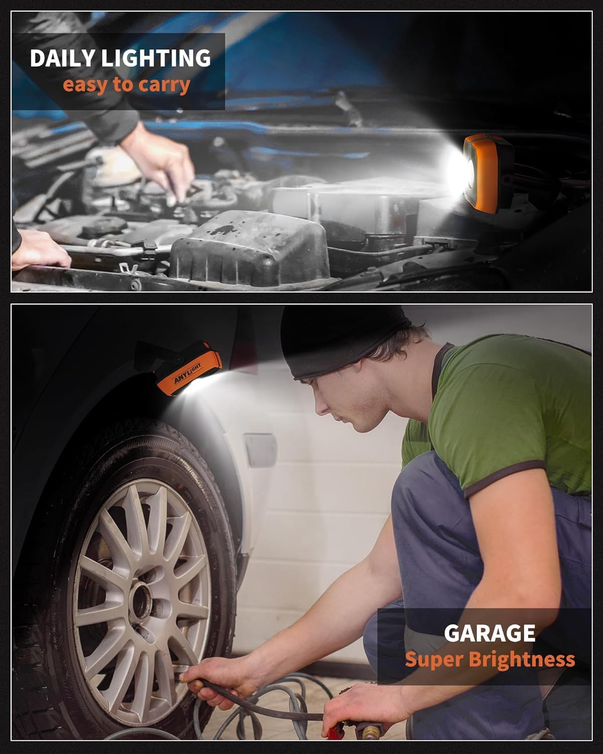 Work Light Kit, Magnetic Rechargeable Light with 4 Modes & 150°Rotatable, 1200LM Waterproof Portable Light with 360° Rotating Hook for Emergency Car Repair, Grill (3 Pack with Hook)