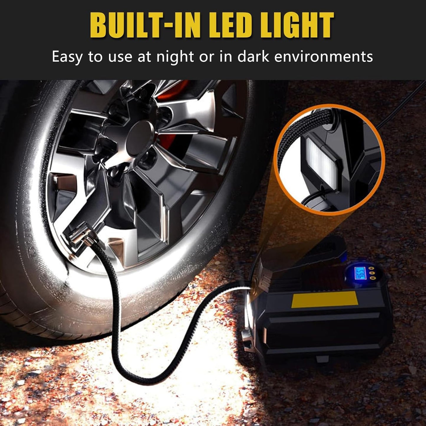 LYAP-8001 12V Portable Tire Inflator, Digital Air Compressor Pump 150PSI with LED Light