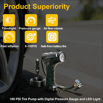 150 PSI Handheld Air Pump, Portable 12V Car Analog Tire Inflator with LED Light