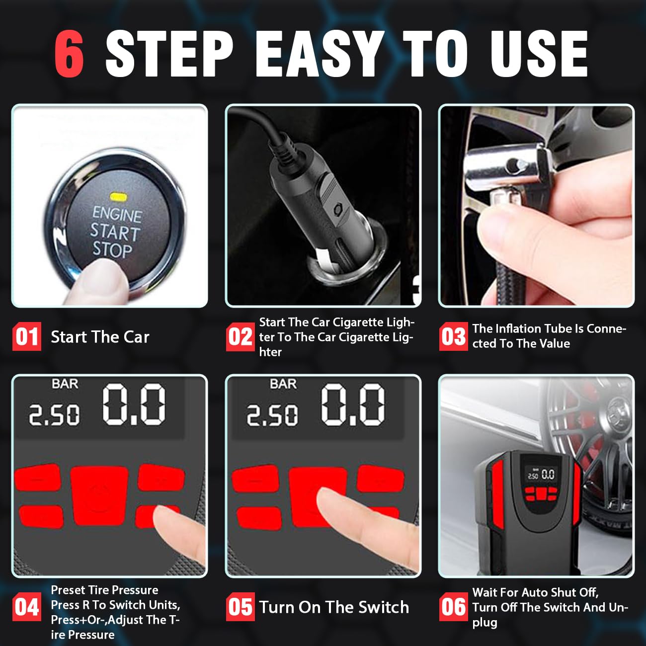 LONLEEYU Tire Inflator Air Pump, Portable Air Compressor for Car Tires, 12V DC 150 PSI Tire Pump with LED Light Digital Pressure Gauge for Car Bike