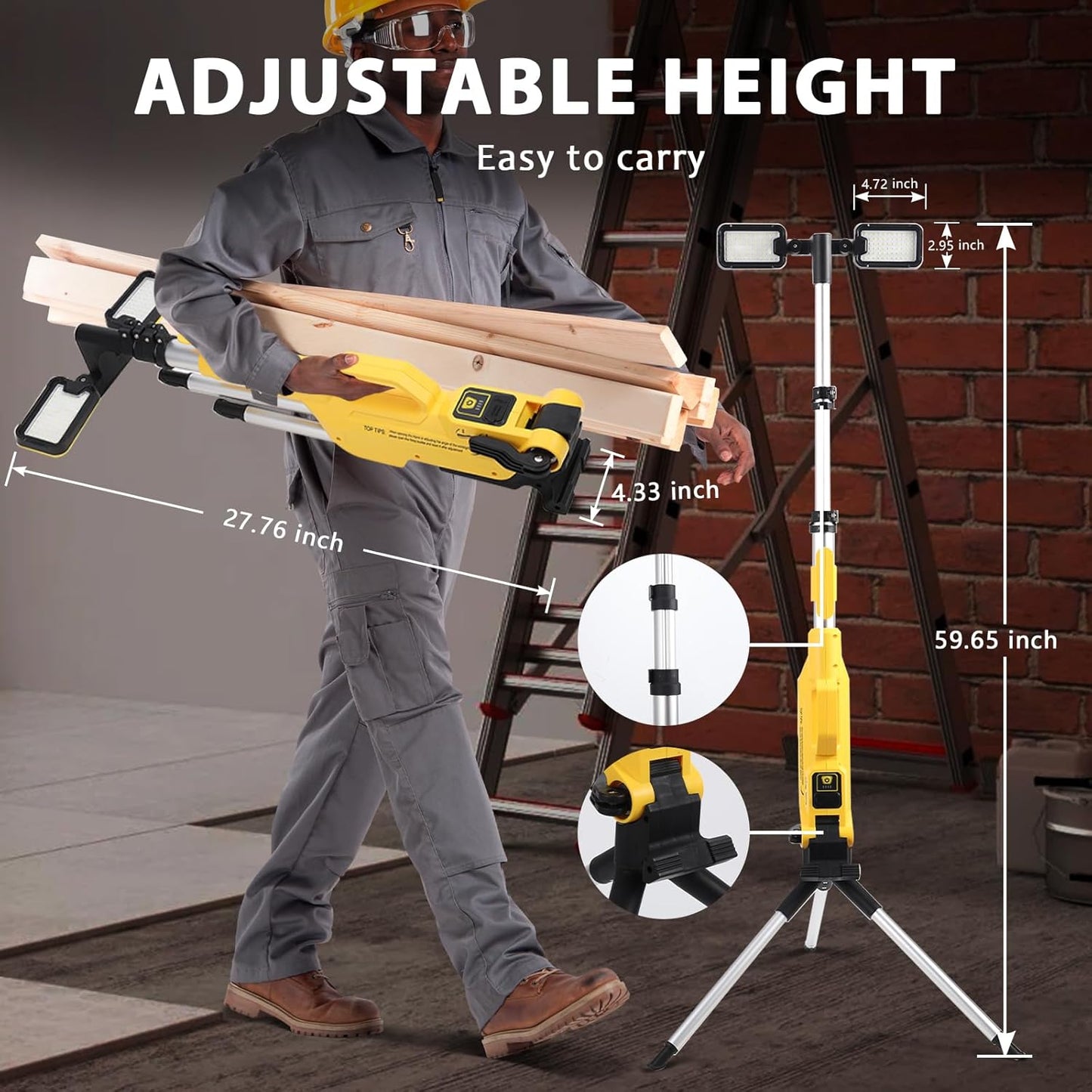Cordless Portable LED Work Light with Stand, IP44 Waterproof Dual Head Floodlight