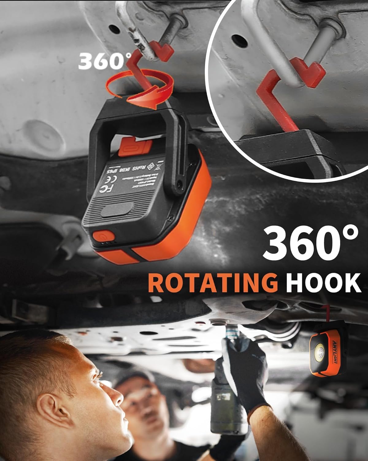 Work Light Kit, Magnetic Rechargeable Light with 4 Modes & 150°Rotatable, 1200LM Waterproof Portable Light with 360° Rotating Hook for Emergency Car Repair, Grill (3 Pack with Hook)