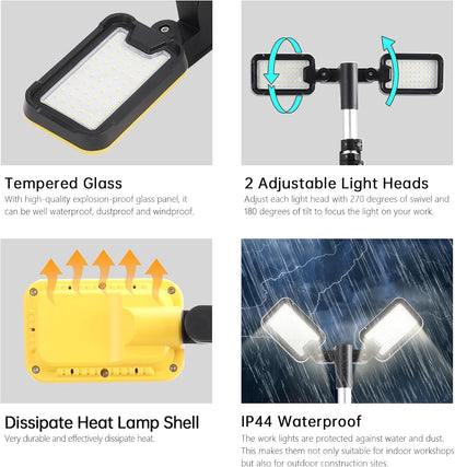 Cordless Portable LED Work Light with Stand, IP44 Waterproof Dual Head Floodlight