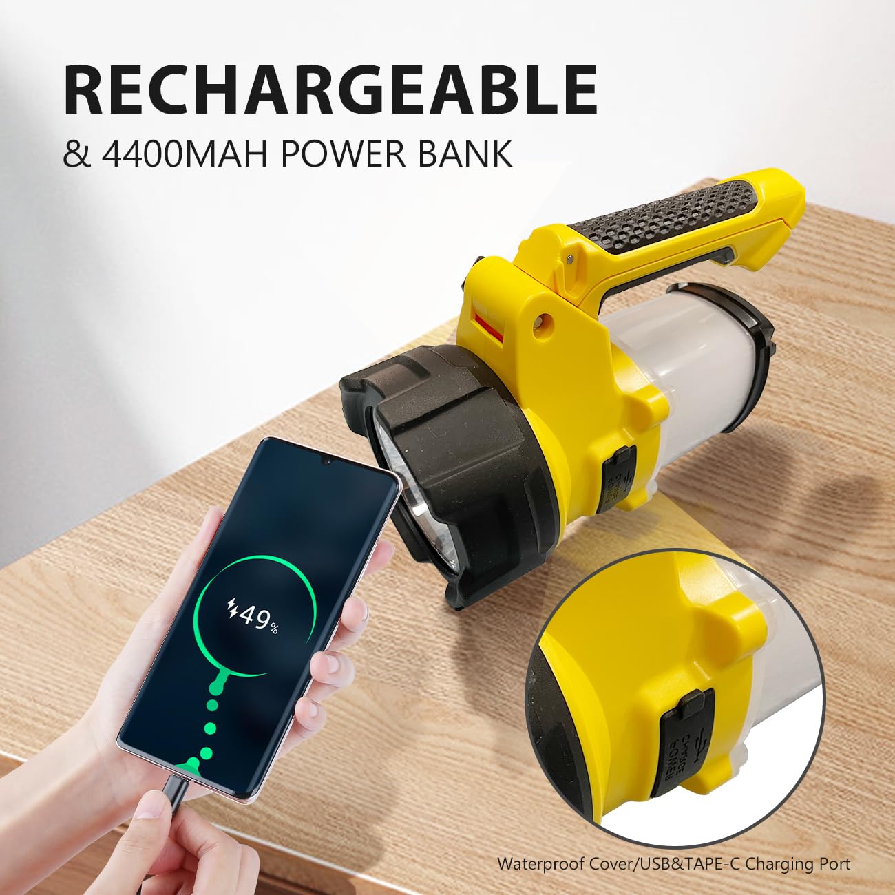 3-in-1 Rechargeable Spotlight with Adjustable Handle, IP65 Waterproof Handheld LED Flashlight Searchlight Work Light, 4400mAh Power Bank, 6 Light Modes for Emergency Hurricane Outdoor Hiking Camping