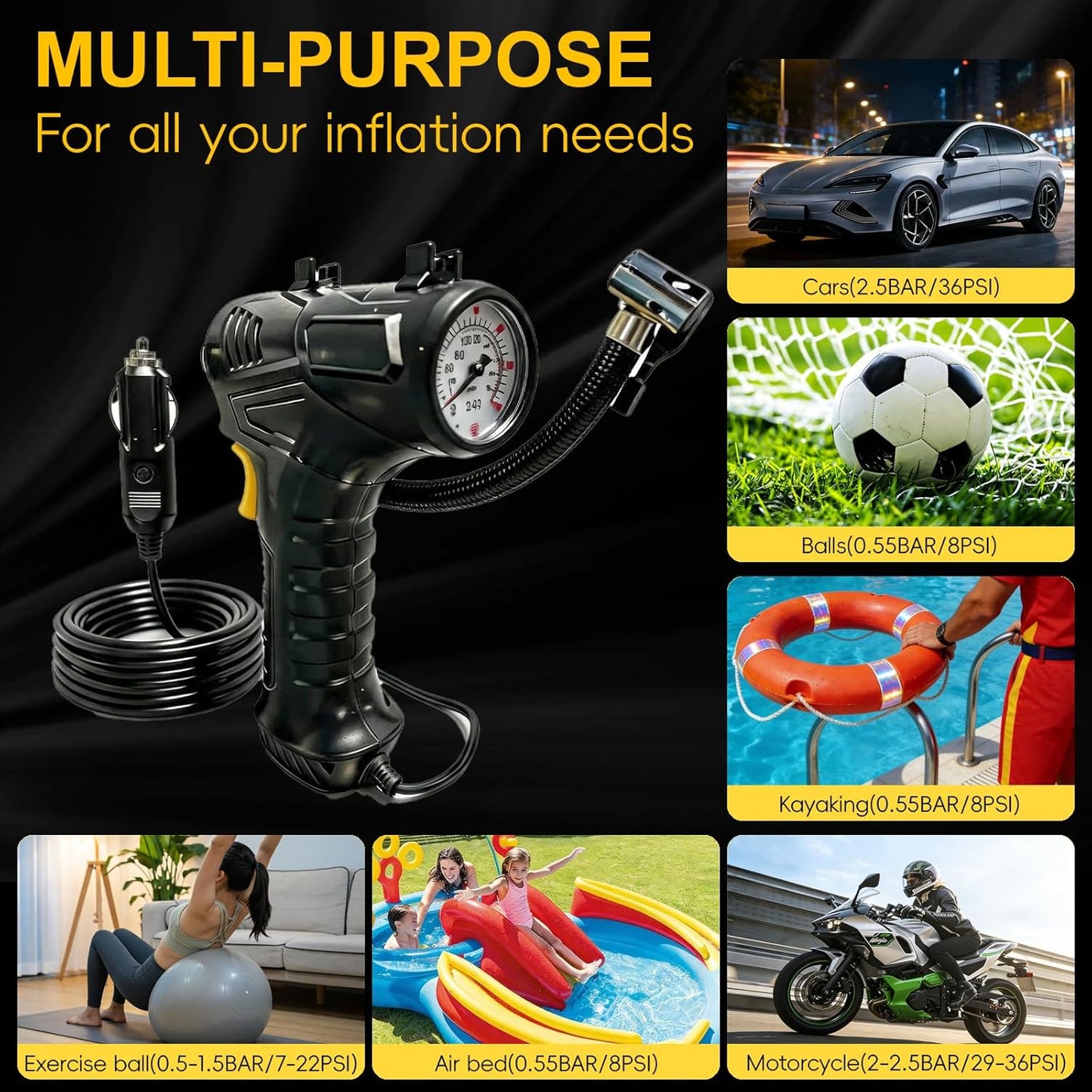 150 PSI Handheld Air Pump, Portable 12V Car Analog Tire Inflator with LED Light