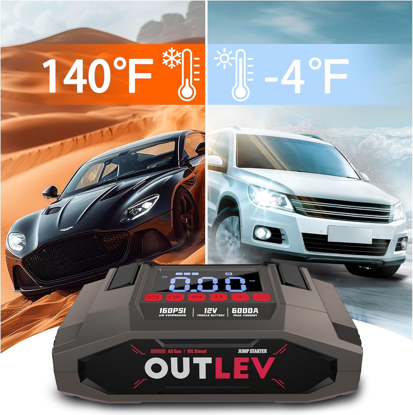 Car Battery Jump Starter with Air Compressor for All Gas & 10.0L Diesel Engines