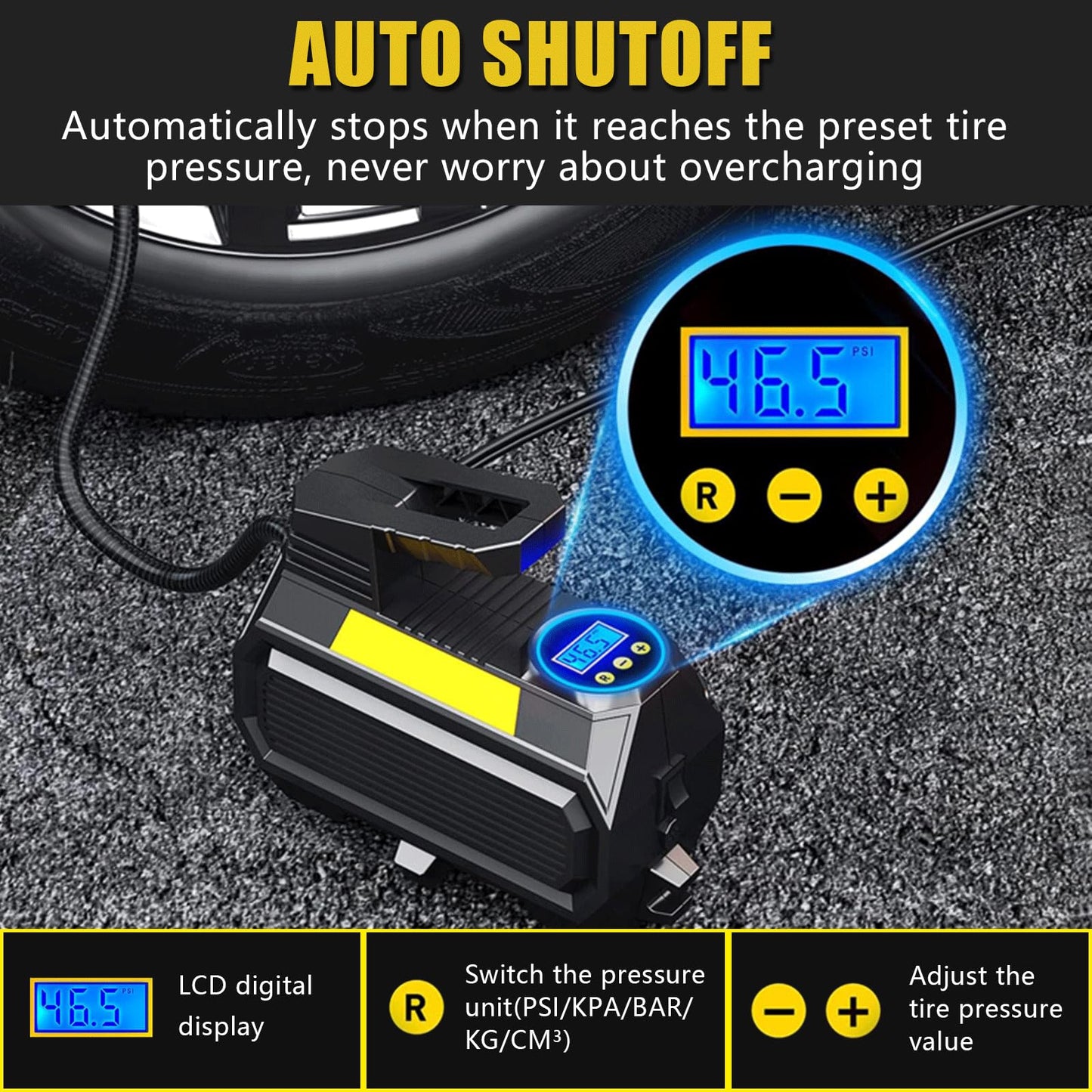 LONLEEYU Tire Inflator, Portable Air Compressor Pump for Car Tires, 12V DC Auto Tire Pump with Digital Pressure Gauge, 150PSI with Emergency LED Light for Car Bike
