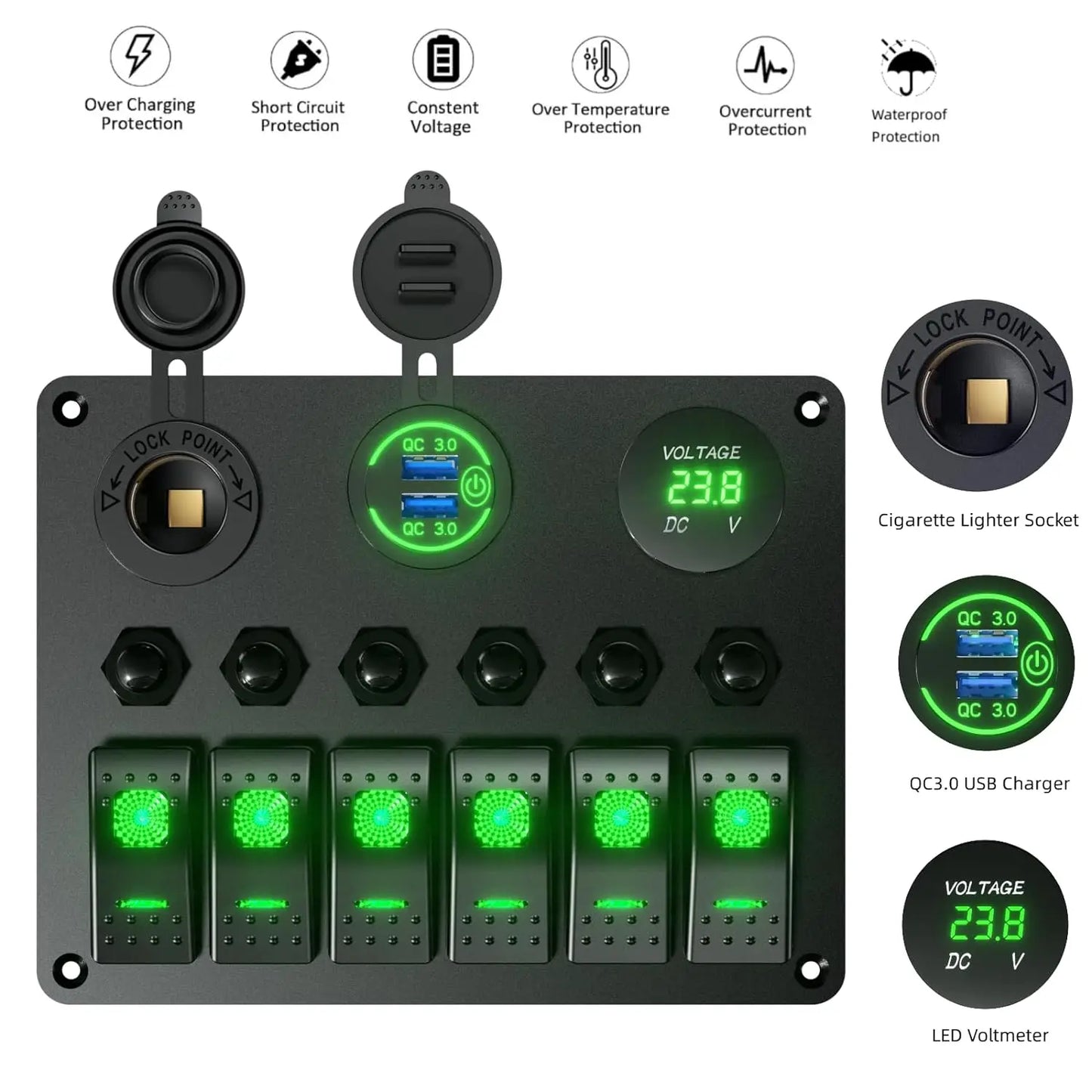 12 24V Circuit Control Combination LED Digital Voltmeter Dual USB Port Waterproof  Car Rocker Switch Panel for Boat Bus