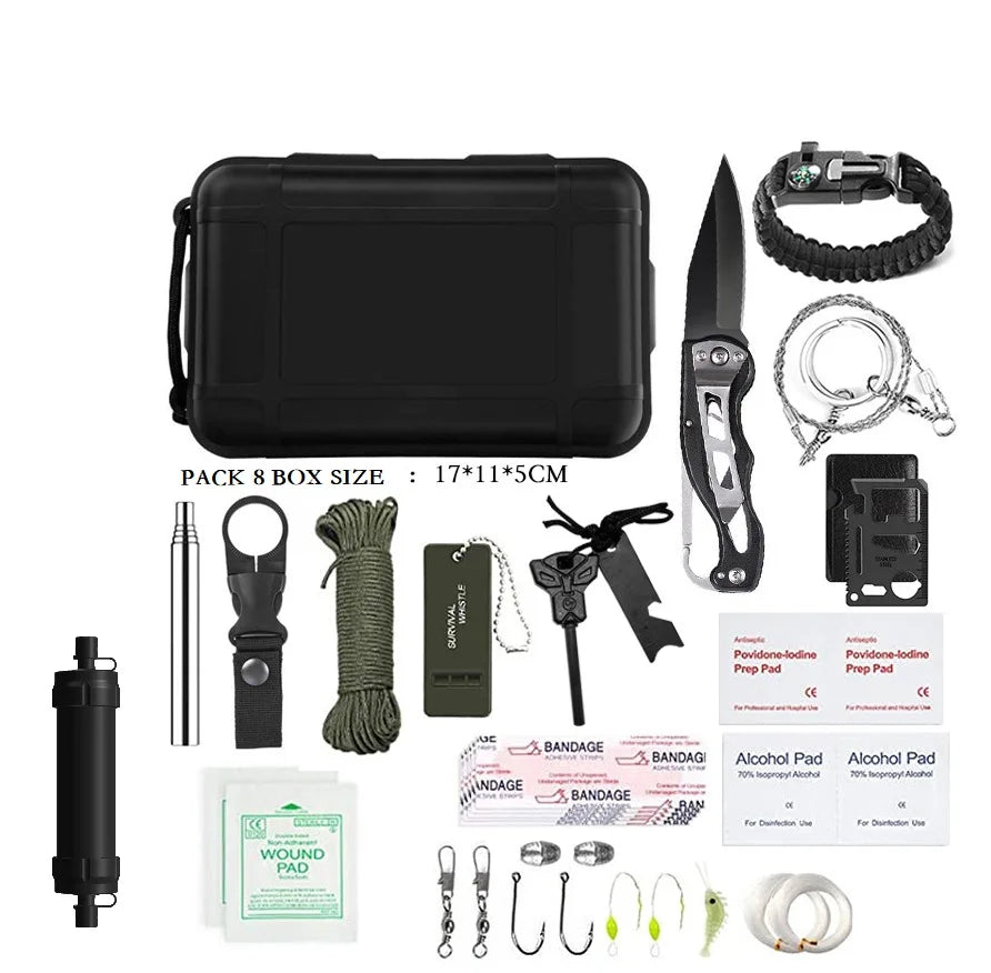 Whole Set of Multi Outdoor Tactical  Survival Gear Pack with  Tool Kit Survival Water Filter Straw  Purifier