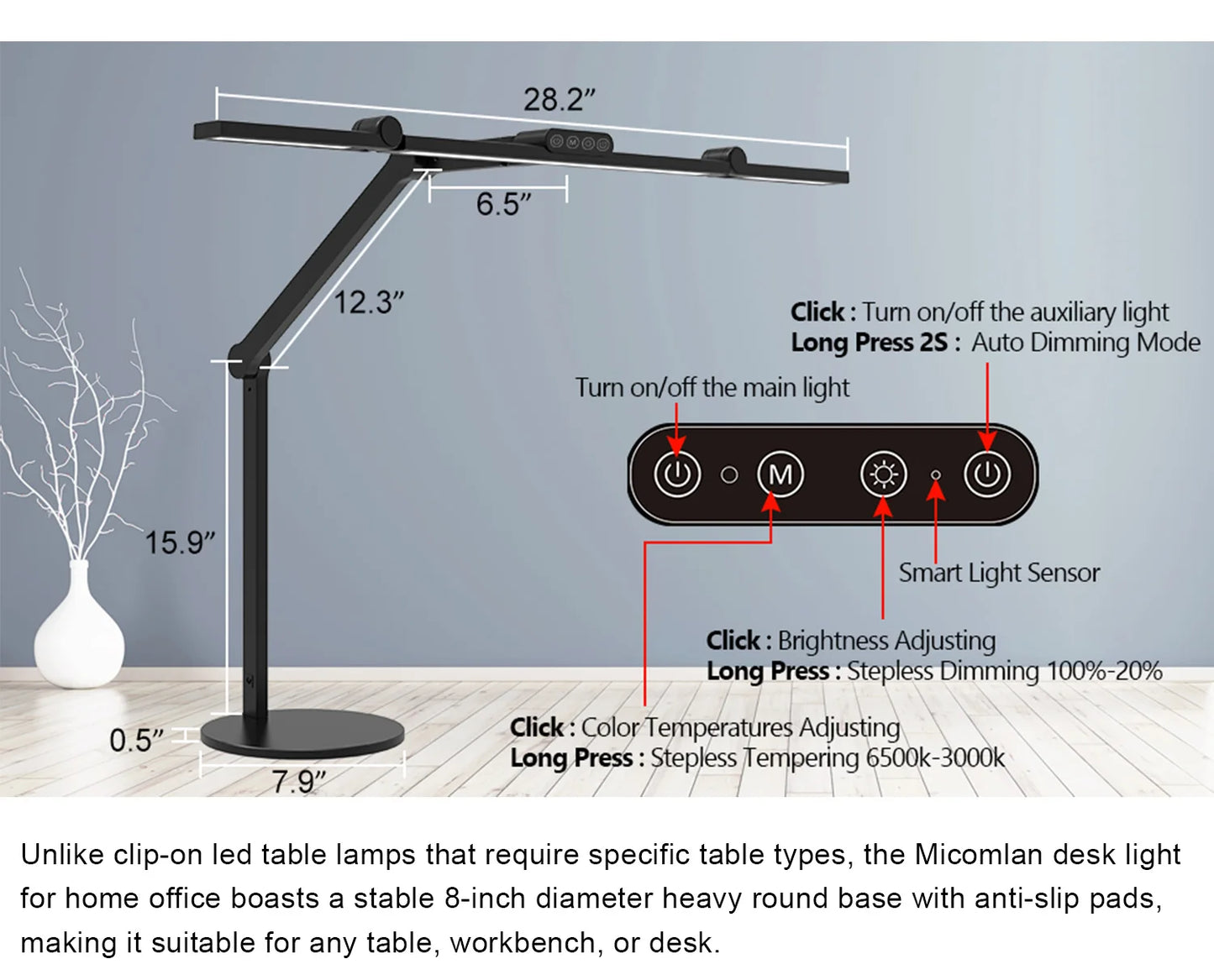 LED Desk Lamp for Home Office, 24W Double Head Architect Desk Lamp With Clamp Table Lamp Base