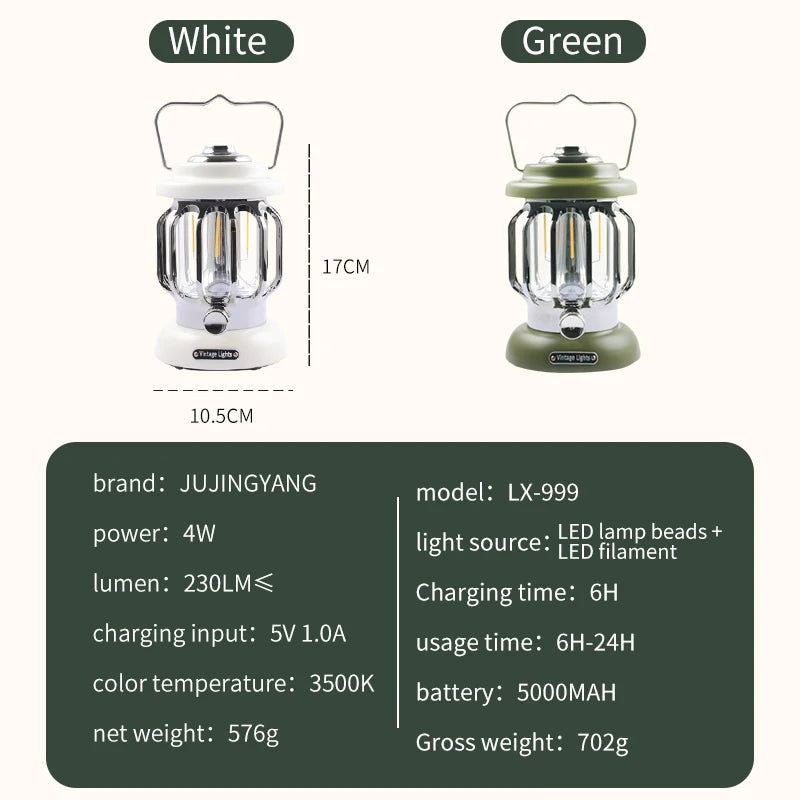 JUJINGYANG Outdoor Portable Waterproof Rechargeable LED Retro Portable Camping Light