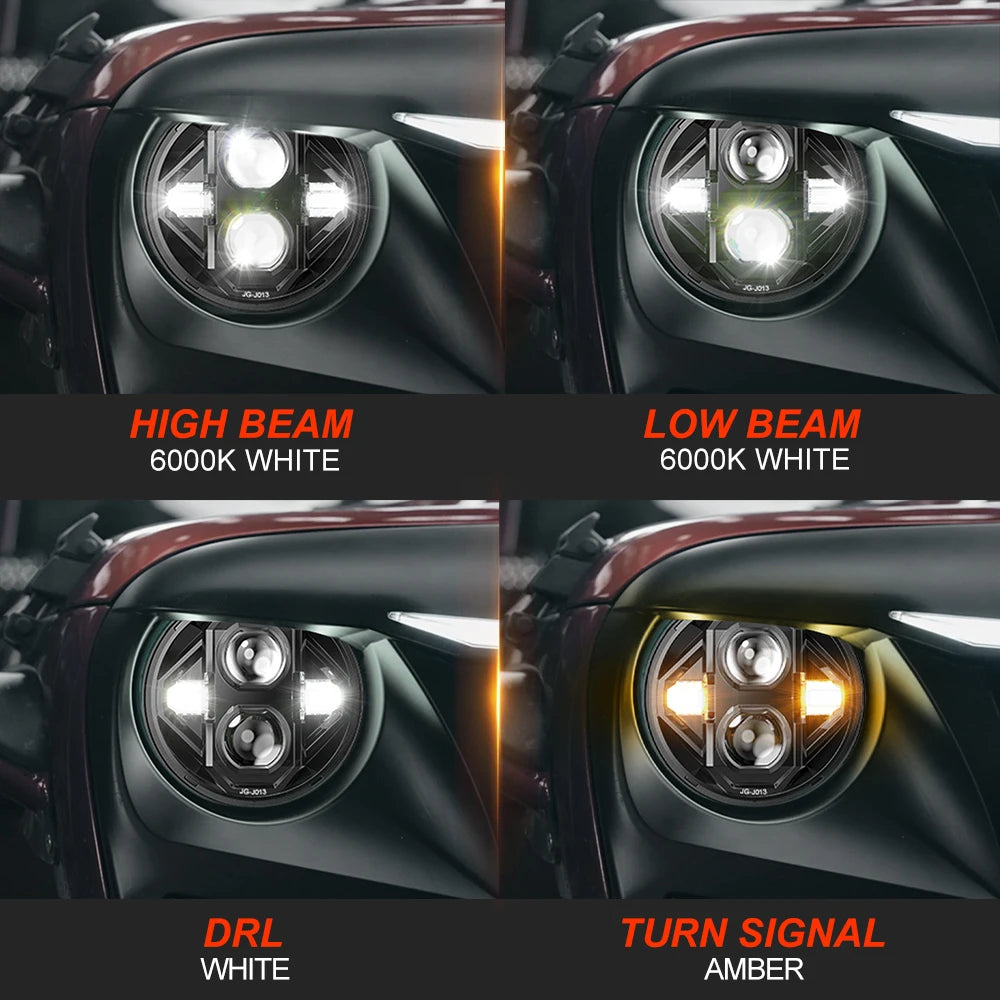 White Amber Angle Eyes DRL Turn Singal High Low Beam 7 Inch Round Led Headlights for Jeep Wrangler