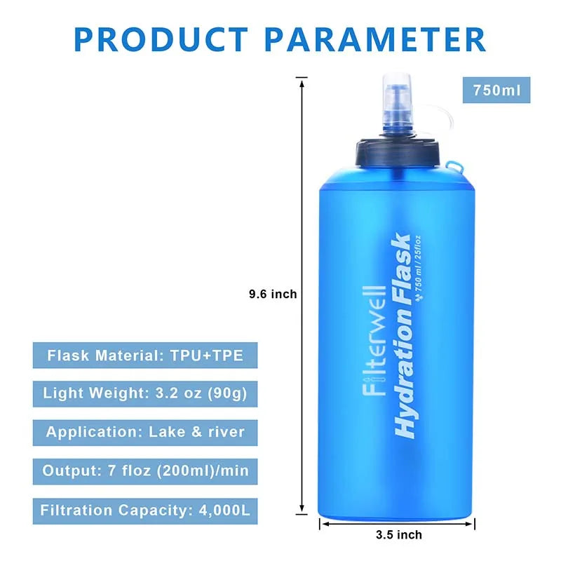 Hiking Camping Outdoor Collapsible Foldable Squeezable Pouch Hydration Flask Touch Soft Water Bottle With Water Filter Straw